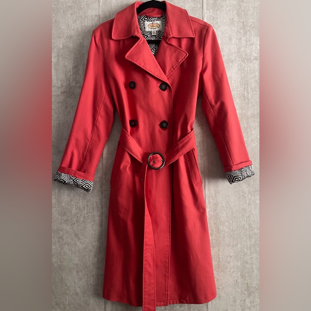 Talbots Coral Collared Lined Cotton Double Breasted Belt Pockets Coat Size 4